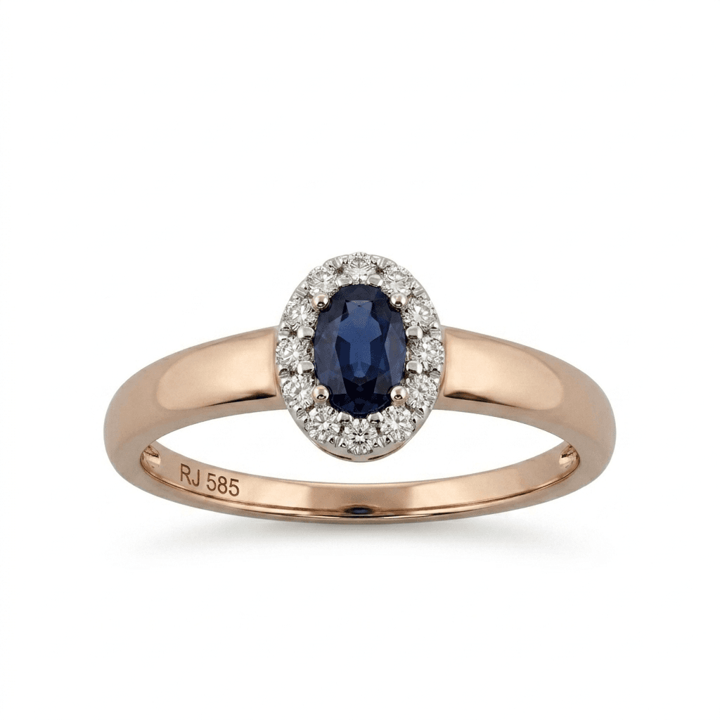 Zlatý prsteň s prírodným zafírom a briliantmi "Royal Blue Halo"